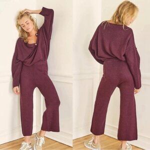 Free People Hailee Set Mulberry Purple Waffle Knit Oversized Loungewear Size M